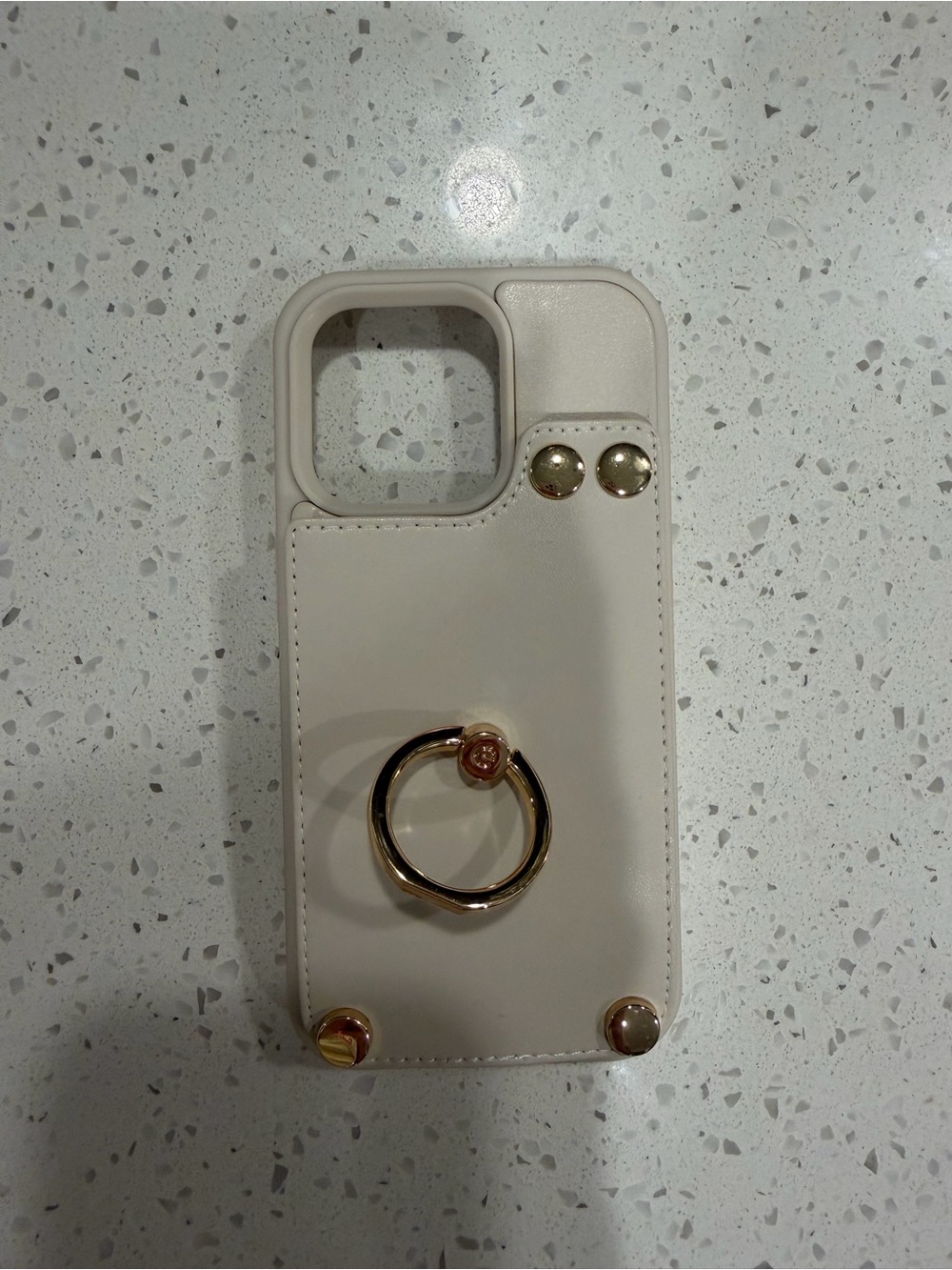 Cream Phone Case With Gold Ring Holder And Wallet - iPhone 14 Pro